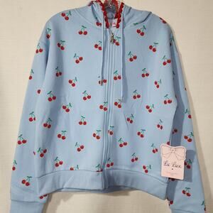 Cherry graphic blue full zip hoodie women's Large NWT